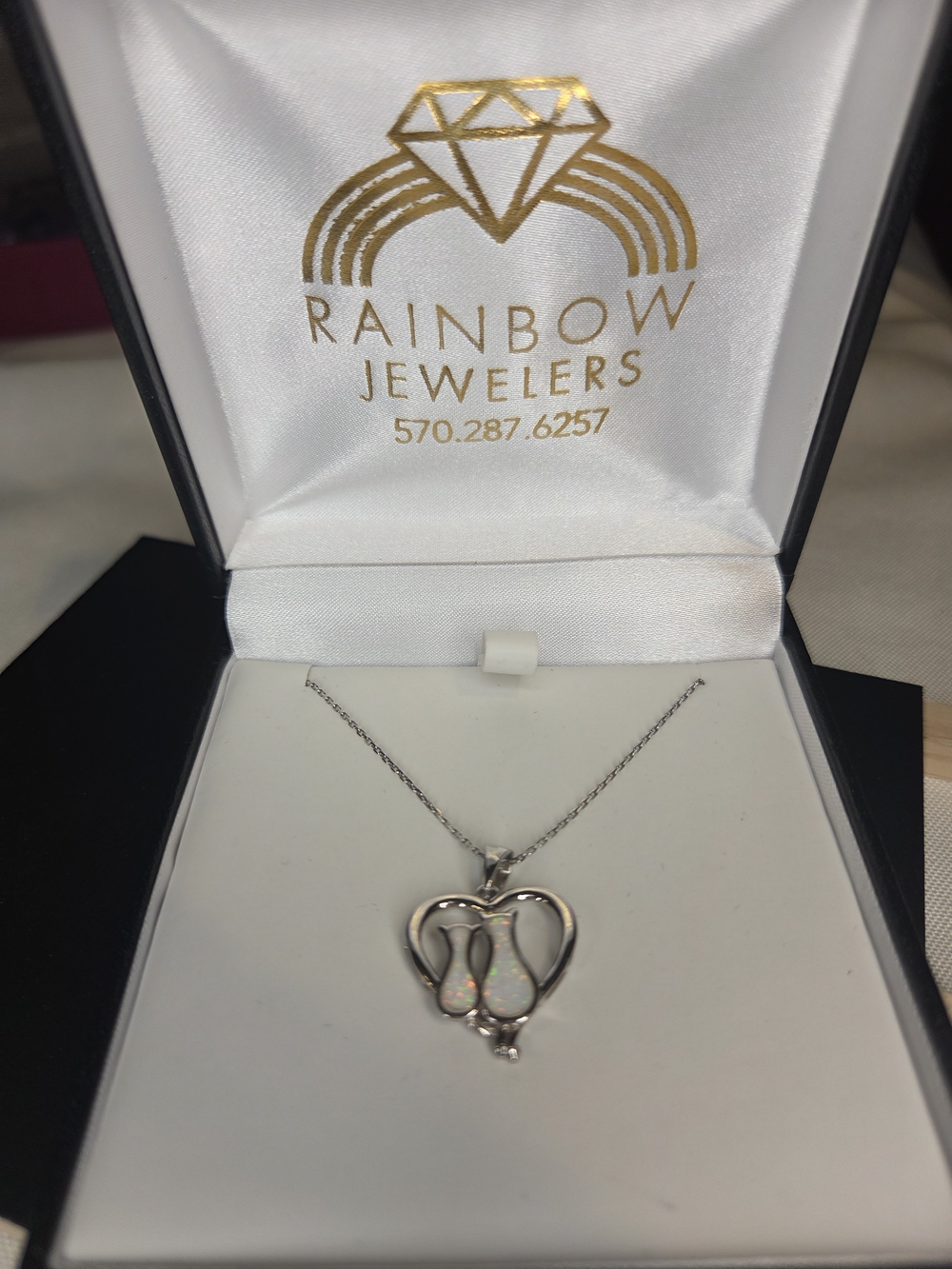 Sterling Silver White Opal Cats In Heart Necklace